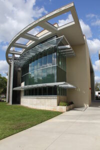 A photo of the southeast corner of the McKay Archives building at Florida Southern College