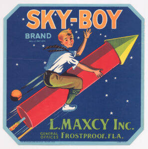 Sky Boy crate label with an image of a young boy riding a rocket into space